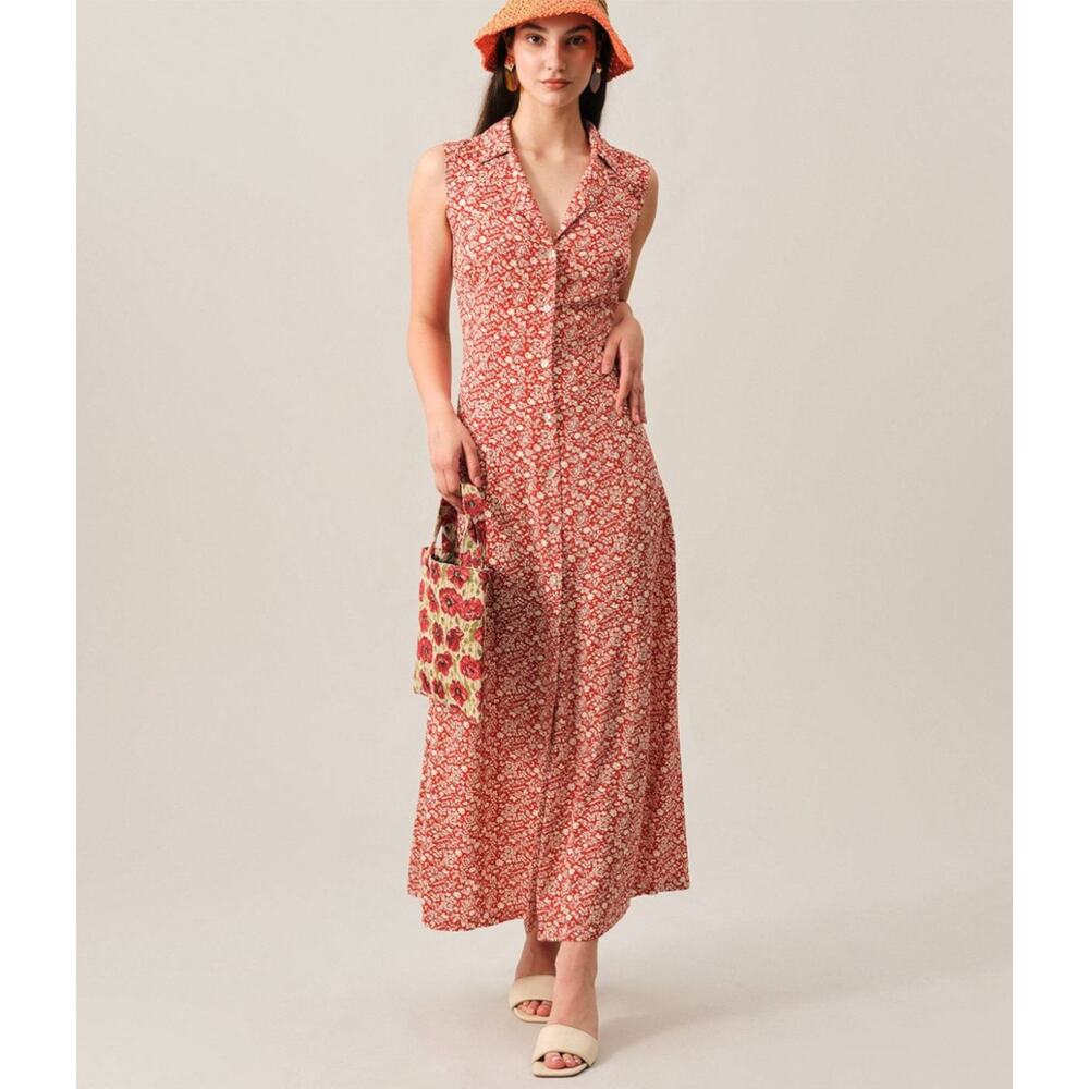 NWT Rihoas Button Front Red Floral Sleeveless Maxi Dress Sz M